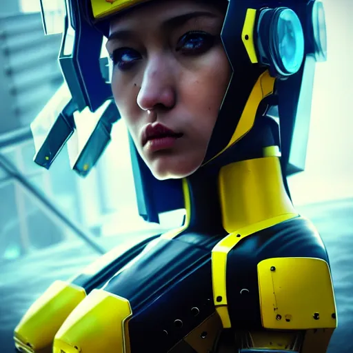 Image similar to A hyperrealistic portrait painting of a cyber warrrior girl wearing futuristic mecha suit, black and yellow shinny color armor, ultradetailed face expression trending on artstation and artbreeder, cyberpunk color feel raining at tokyo midnight rooftop, unreal 5, DAZ, 8k, unreal 5 engine render, cosplay, RPG portrait, final fantasy Vll world concept, dramatic lighting, rim lights, PS5 render quality