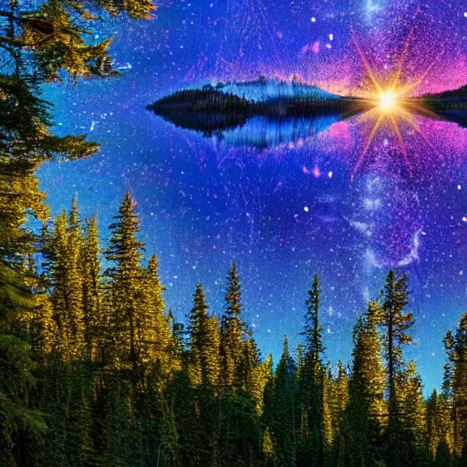 Image similar to abstract crystal sculpture of a nebula hovering above a clear blue lake in a clearing in the middle of an evergreen forest at dawn