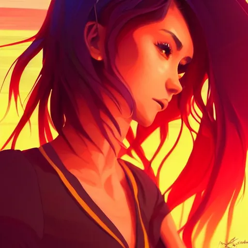 Image similar to nina dobrev, sunset background, intricate, highly detailed, digital painting, artstation, official media, anime key visual, concept art, rich vivid colors, ambient lighting, sharp focus, illustration, art by Artgerm, Makoto Shinkai, Ilya Kuvshinov, Lois Van Baarle, and Rossdraws