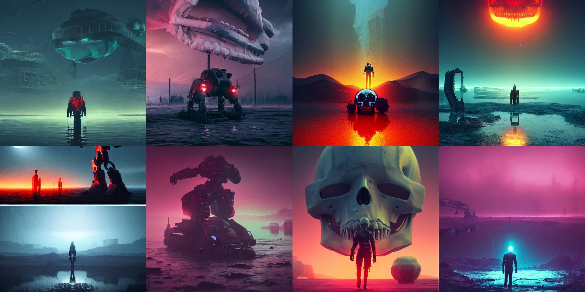 Image similar to beautiful dark bloody flooded landscape, giant robot with human skull, in the style of beeple and Mike Winkelmann, photo real, ultra realistic, intricate, epic lighting, 8k resolution, unreal engine 5, ultraviolet colors,