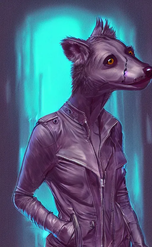 Image similar to digital painting of anthromorphic hyena female, fursona, furry fandom, neon rainy cyberpunk setting, anthro, wearing cyberpunk leather jacket, detailed face,