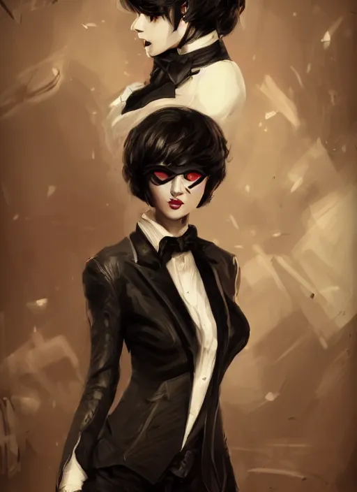 Image similar to a highly detailed illustration of beautiful short black messy haired woman wearing eyepatch!!! and noir style suit and tie, dramatic smiling pose, intricate, elegant, highly detailed, centered, digital painting, artstation, concept art, smooth, sharp focus, league of legends concept art, WLOP