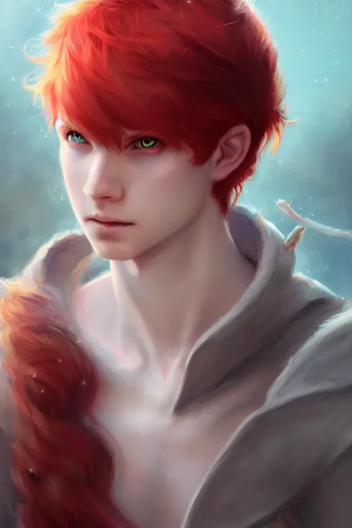 Image similar to young fairy prince, red hair, white eyes, highly detailed, d & d, fantasy, highly detailed, digital painting, trending on artstation, concept art, sharp focus, illustration, art by artgerm and greg rutkowski and fuji choko and viktoria gavrilenko and hoang lap