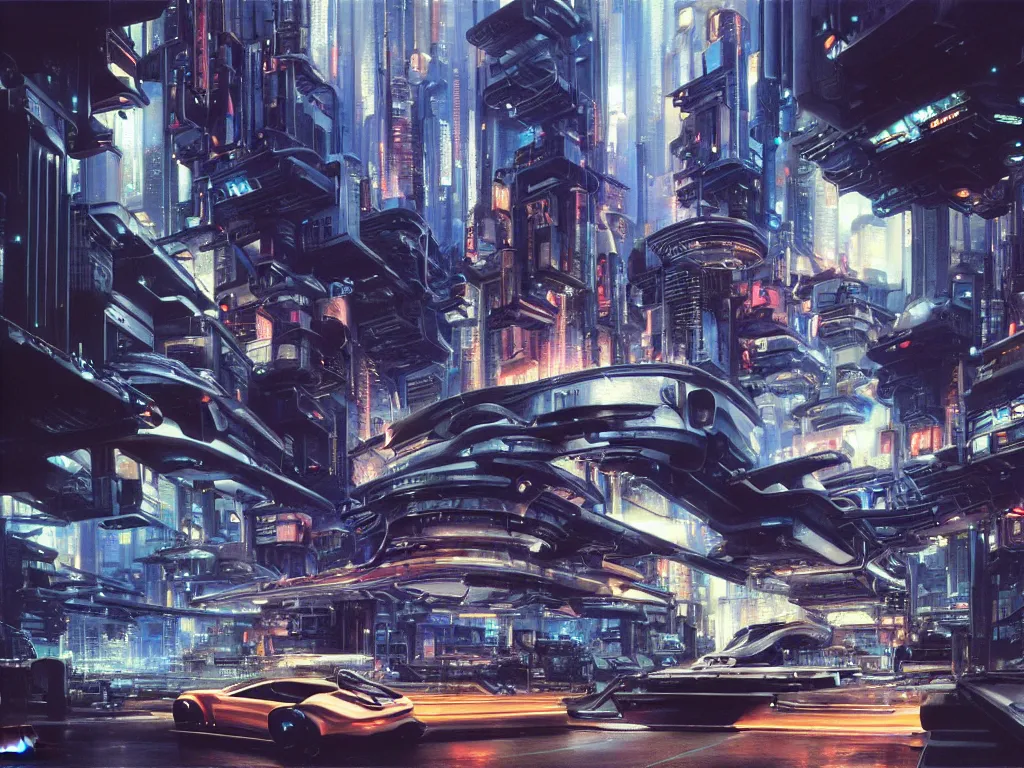 Prompt: hyperrealistic painting of a slice of life from a futuristic city, mechanical designs, futuristic vehicles, technological, night, elegant, cinematic, cyberpunk style, highly detailed!, realism, intricate, acrylic on canvas, 8 k resolution, concept art, by noriyoshi ohrai, john berkey, francesco di giorgio martini
