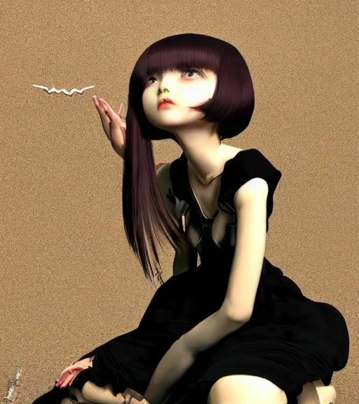 Image similar to girl with morbid thoughts wearing a black spring dress with short brown hair, queen of sharp needles and under the effect of psychosis, by Range Murata, Katsuhiro Otomo, Yoshitaka Amano, and Moebius. 3D effect.