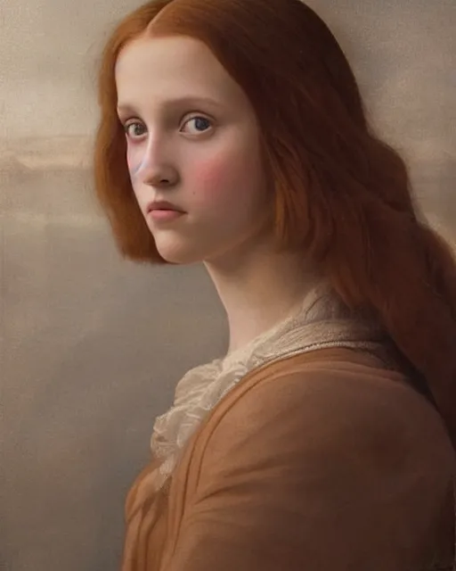 Image similar to a window - lit realistic portrait painting of a thoughtful girl resembling a young, shy, redheaded alicia vikander or millie bobby brown as an ornately dressed princess from the latest star wars movie, highly detailed, intricate, by leonardo davinci and boticelli