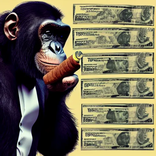 Image similar to A chimp wearing a tuxedo, smoking a cigar, holding cash. GTA style, dark background, studio lighting