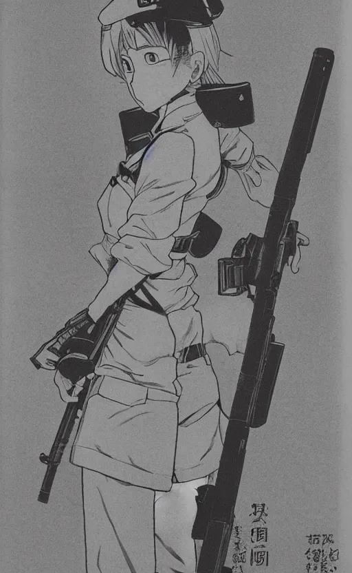 Image similar to manga, monochromatic, toriyama akira, portrait of soldier girl shooting with a rifle