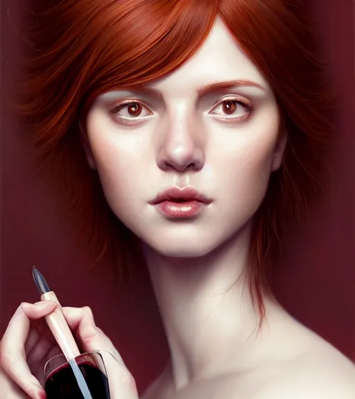 Image similar to portrait of a auburn hair, female, red wine, in heightened detail, poised, writing in journal, detailed facial expression, 8 k, hyperrealistic, detailed surroundings, intricate, elegant, highly detailed, centered, digital painting, cgsociety, concept art, smooth, sharp focus, illustration, by ( ross tran ), wlop