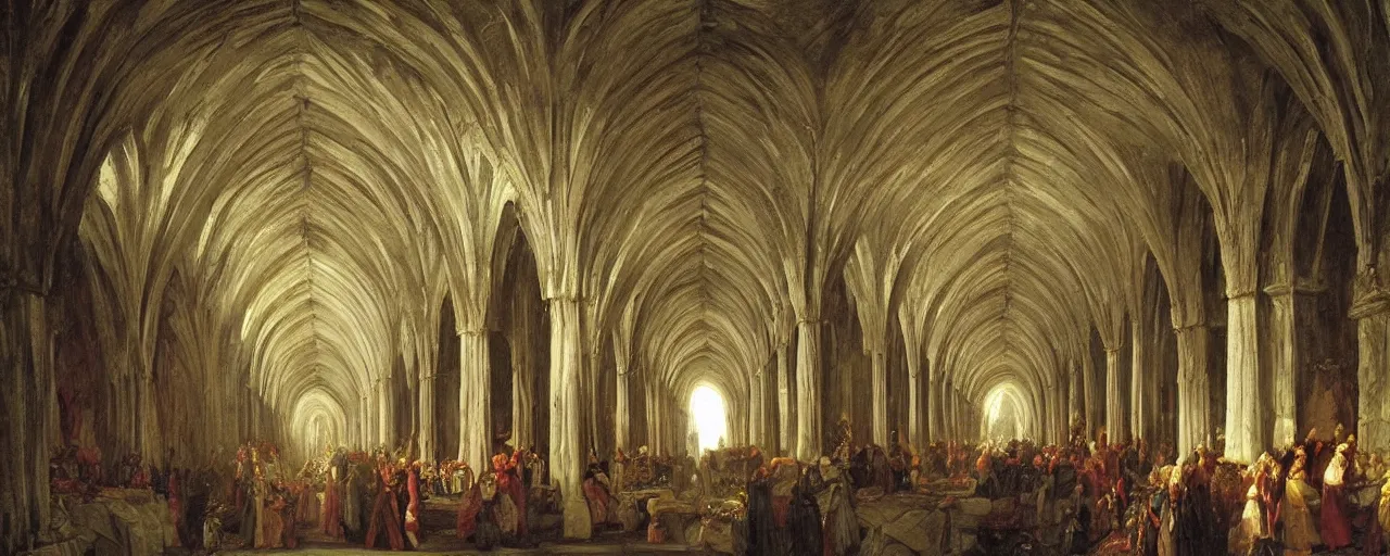 Prompt: The Great hall of Moria, the underground city of the dwarves, painted in the style of Thomas Cole and Albert Bierstadt, extremely realistic oil painting, elegant carvings, vaulted ceiling, massive pillars