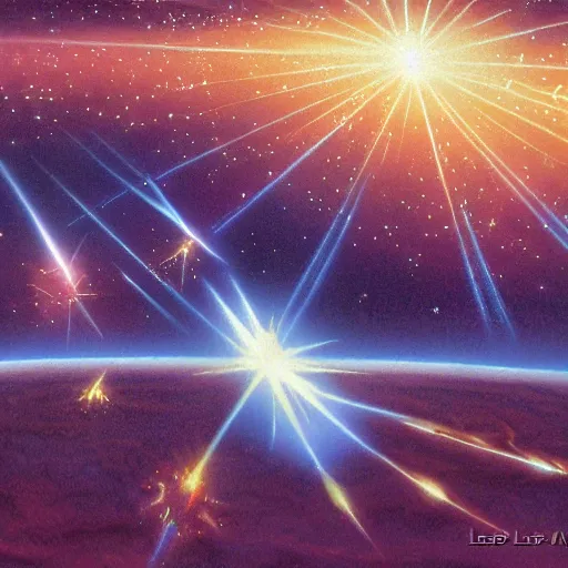 Prompt: spires made of laser energy shooting down from the heavens bursting the ground by les edwards