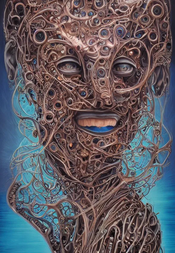 Image similar to perfectly centered portrait front view of a beautiful biomechanical alien robot, flowing hair, intense stare, sweet smile, symmetrical, concept art, intricate detail, volumetric shadows and lighting, realistic oil painting by alex grey,