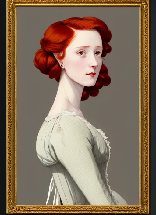 Image similar to a portrait of a young redhead woman with a crooked nose in victorian clothing, confident pose, intricate, elegant, sharp focus, illustration, highly detailed, concept art, matte, trending on artstation, anime, art by james jean and artgerm and brian despain and alberto mielgo, greg rutkowski, wlop, ilya kuvshinov, strong strokes