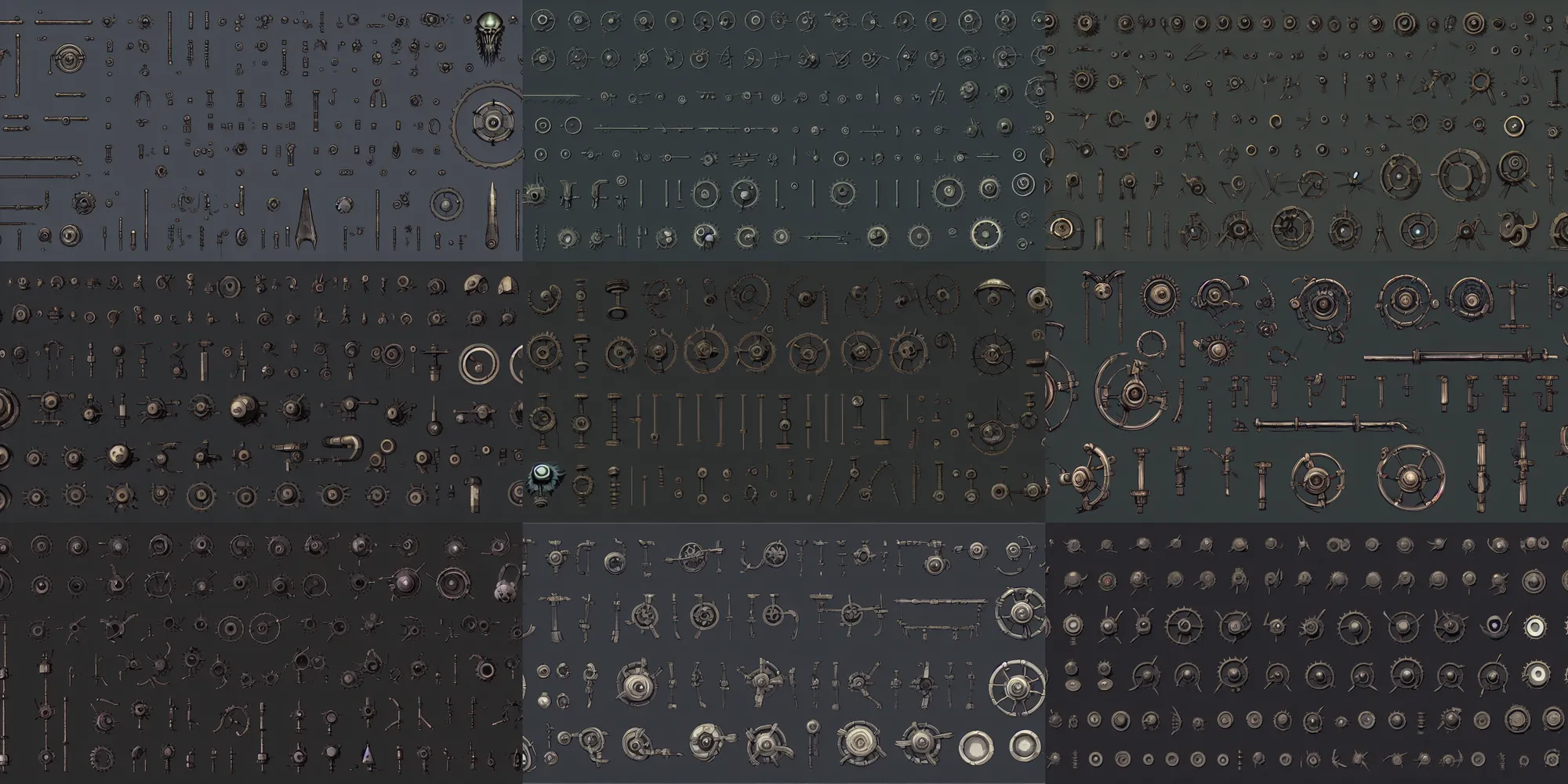 Prompt: game asset, full page of varying schematic pulleys props against a black background, different shapes and sizes, style of ori ghibli concept art 8 k occult, scifi ori alien game assets concept props, ghibli style, h. r giger, complementary colors, props, stylized, 2 d sprites, kitbash, overwatch, 8 k, close up