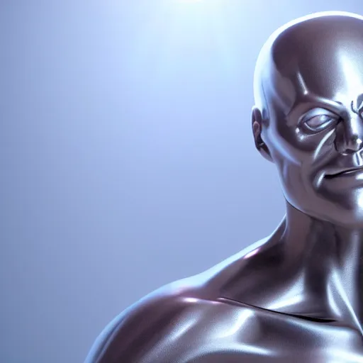 Image similar to still photo of silver surfer, highly detailed, photorealistic portrait, bright studio setting, studio lighting, crisp quality and light reflections, unreal engine 5 quality render