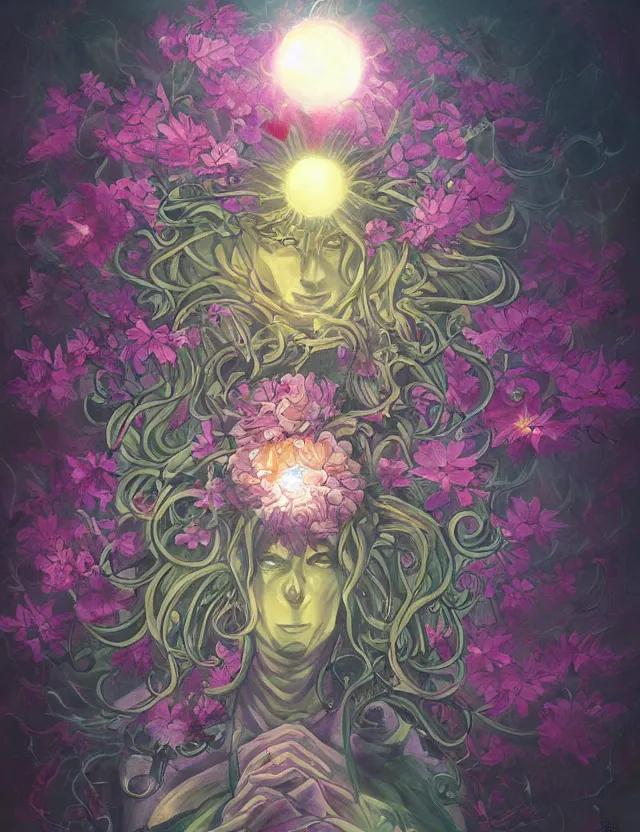 Prompt: lovecraftian deity of light and flowers. this oil painting by the award - winning mangaka has interesting color contrasts, plenty of details and impeccable lighting.