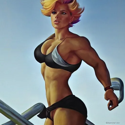 Image similar to greg manchess portrait of scarlett johansson as roided thick very muscular fitness model zarya from overwatch with short blond hair and ponytail, fantasy, medium shot, asymmetrical, profile picture, organic painting, sunny day, matte painting, bold shapes, hard edges, street art, trending on artstation, by huang guangjian and gil elvgren and sachin teng