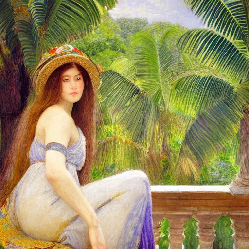 Image similar to a ultradetailed beautiful painting of a girl in the amazonas palace balustrade designed by jules bastien - lepage, tarsila do amaral, frank weston and gustave baumann, beach, trending on artstation, mediterranean, palm trees, hyper detailed face, sharp focus, soft light, 8 k 4 k