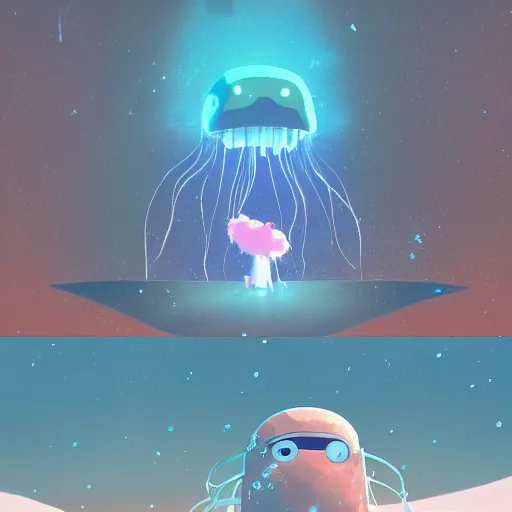 Image similar to a robot jellyfish eating a baby harp seal, in crystalline alien planet, atey ghailan, goro fujita, studio ghibli, scary lighting, clear focus, very coherent