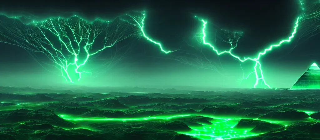 Image similar to the ethereal god of technology bestows the gift of green circuits to humanity. ocean storm burtalist immaculate matte painting. fantastic. velvet and emerald. high key studio lighting. fractal dreams. ancient egypt, trending on artstation, cgsociety, ps 5, uhd 8 k cryengine