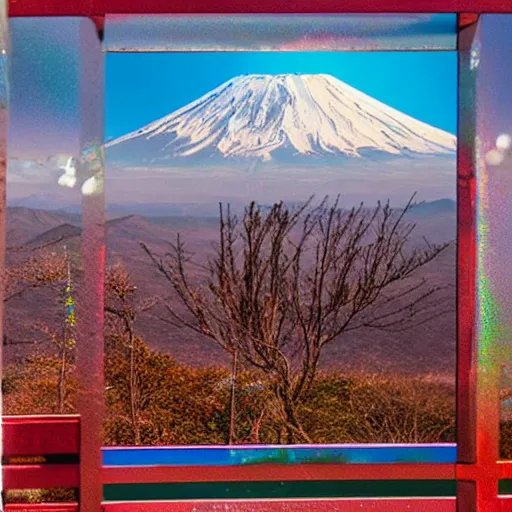 Prompt: a photograph of mount fuji with a holographic red tori gate on top