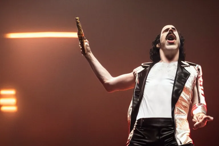 Image similar to promotional image of Sacha Baron Cohen as Freddie Mercury in 'Bohemian Rhapsody' (2018) directed by Dexter Fletcher, detailed face, movie still frame, promotional image, imax 70 mm footage
