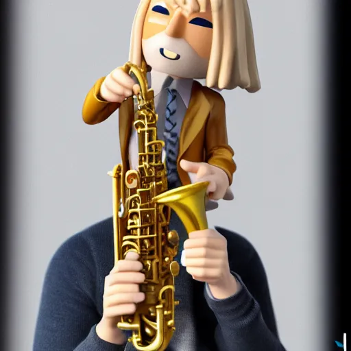 Image similar to a 3d render of blond hippie man playing the sax as a funko pop, studio lighting, grey background