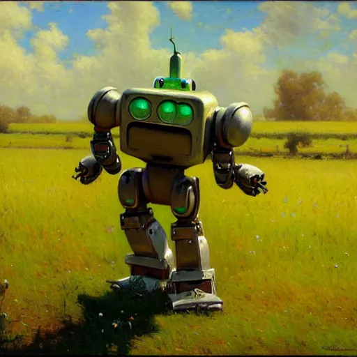 Image similar to detailed cinematic wide shot of a bad robot in a green field, cute, ultra realistic, spring light, painting by gaston bussiere, craig mullins, j. c. leyendecker