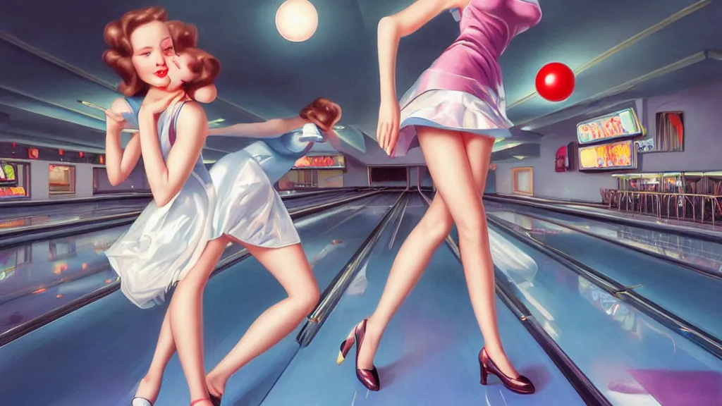 Prompt: art deco bowling alley, cute girls bowling, photo, ultra detail, photoreal, professionally retouched, soft moonlight lighting, shiny plastic miniskirt, realistic, smooth face, goddess, luscious lips, perfect eyes, wide angle, sharp focus on eyes, 8 k high definition, insanely detailed, intricate, elegant, art by artgerm and wlop