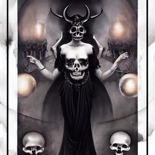 Prompt: By Tom Bagshaw, ultra realist soft painting of a skull carnival by night, very beautiful horned single female in long gothic dress transparent glass sphere, symmetry accurate features, very intricate details, omnious sky, black and white, volumetric light clouds