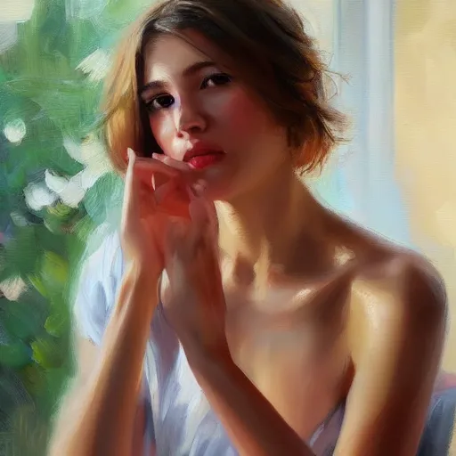 Image similar to super close - up of a woman's fingers, relaxed pose, morning, highly detailed, ultrarealistic oil painting, vladimir volegov, artstation