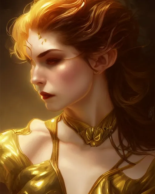 Image similar to female vampire, perfect face, gold corset, cinematic, stunning, highly detailed, digital painting, artstation, smooth, hard focus, illustration, art by artgerm and greg rutkowski and alphonse mucha