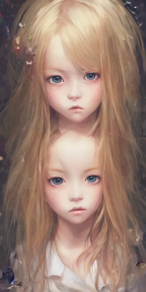 Prompt: portrait of a young cute beautiful girl with blond hair and big dark eyes artwork by WLOP, Hikari Shimoda, Studio Ghibli, Chie Yoshii, artstation