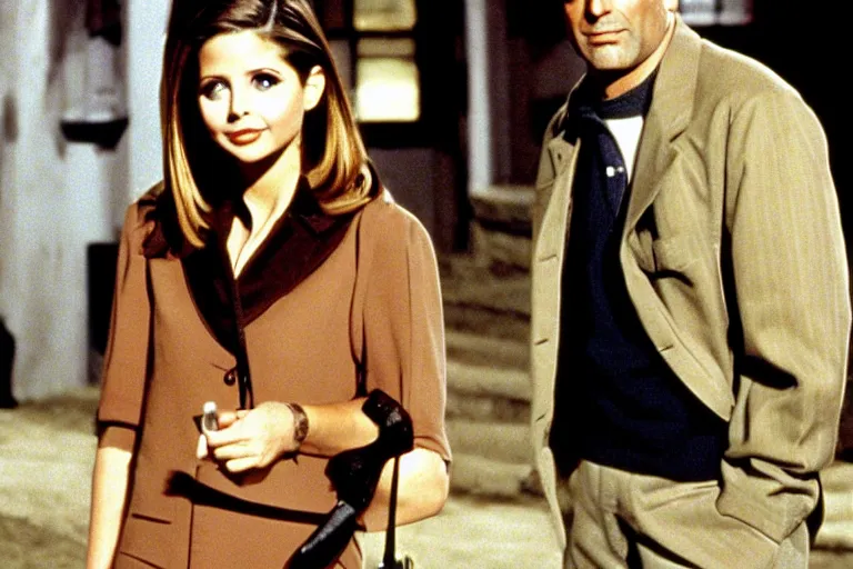 Image similar to cary grant as giles in buffy the vampire slayer, along side sarah michelle gellar 1 9 9 8