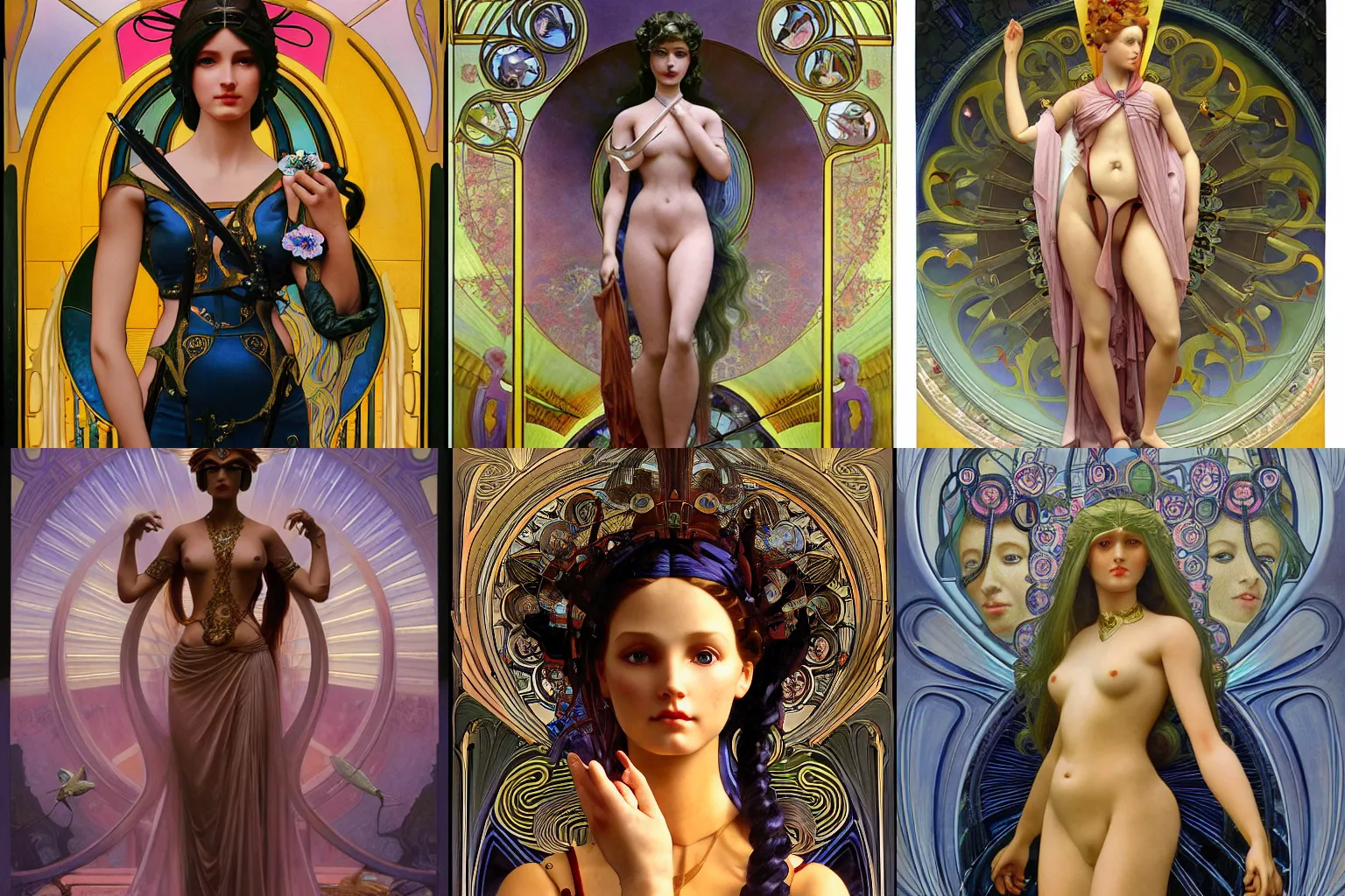 Prompt: is a stunning, breathtaking, awe-inspiring award-winning conceptual Art Nouveau painting with an attractive Barbie doll as the sun god, with disturbing, piercing eyes, Alphonse Mucha, Michael Whelan, William Adolphe Bouguereau, John Williams Waterhouse and Donato Giancola, cyberpunk, extremely gloomy lighting, shining light and shadow, atmospheric, cinematic, unreal Engine, 8K