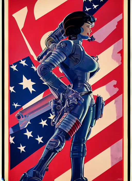 Image similar to american propaganda poster art. powerful cyberpunk pilot. portrait by jean giraud and anton otto fischer and john philip falter and will eisner and gil elvgren and pixar. full body. realistic proportions. science fiction d & d. overwatch, rb 6 s, cyberpunk 2 0 7 7, blade runner 2 0 4 9 concept art. cel shading. thick lines.