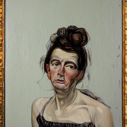 Image similar to woman on a victorian style bad old deteriorating walls in the background in the style of lucian freud, painting, dark, brush strokes