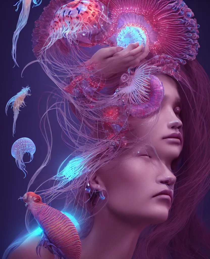 Image similar to goddess close-up portrait. orchid jellyfish phoenix head, nautilus, skull, betta fish, bioluminiscent creatures, intricate artwork by Tooth Wu and wlop and beeple. octane render, trending on artstation, greg rutkowski very coherent symmetrical artwork. cinematic, hyper realism, high detail, octane render, 8k