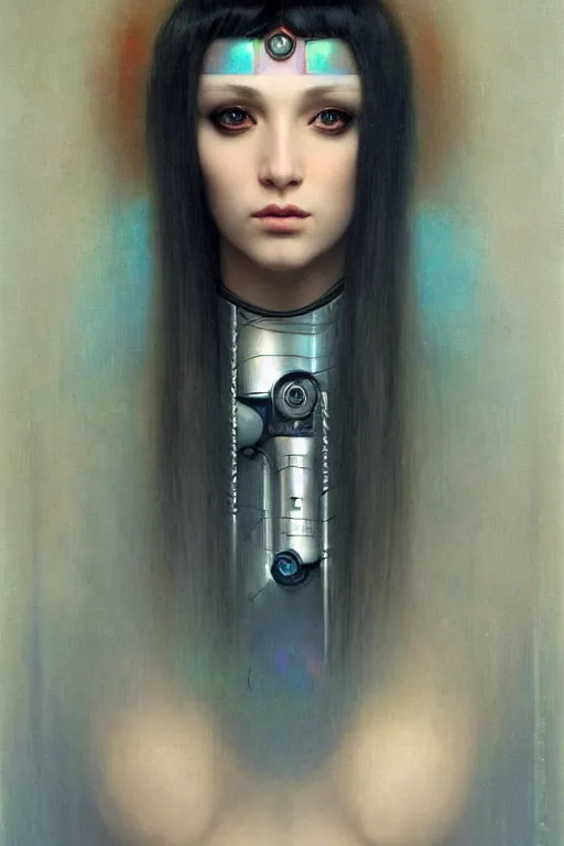 Image similar to portrait of raven, perfect future, iridescent color palette, by wlop and karol bak and bouguereau, 1 9 7 0 s retro future robot android. muted colors