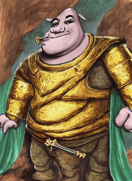 Prompt: medival scroll painting of a Shrek in armour from Shrek the movie, fine detail,