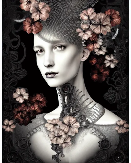 Prompt: monochrome profile portrait painting, dutch masters, silver lace floral steampunk biomechanical beautiful young female cyborg with one techno eye, monocular, volumetric light, leaves foliage and stems, hibiscus flowers, alexander mcqueen, rim light, big gothic fashion pearl embroidered collar, 8 k