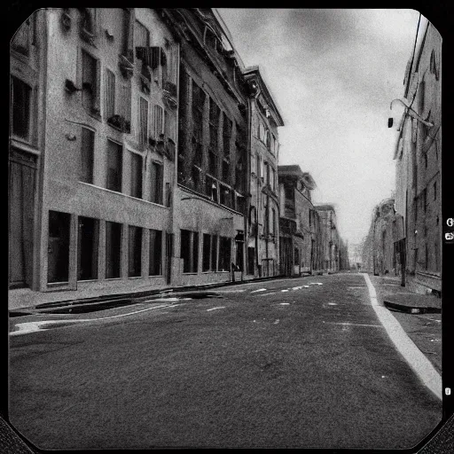 Image similar to A polaroid of a street with no one on it but a eldritch creature. Black and white, grainy, dark colors, cinematic lighting, hyper detailed, trending on art station.