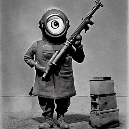 Prompt: old wartime photograph of minion from despicable me holding a lewis gun, 1 9 1 7