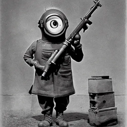 Image similar to old wartime photograph of minion from despicable me holding a lewis gun, 1 9 1 7