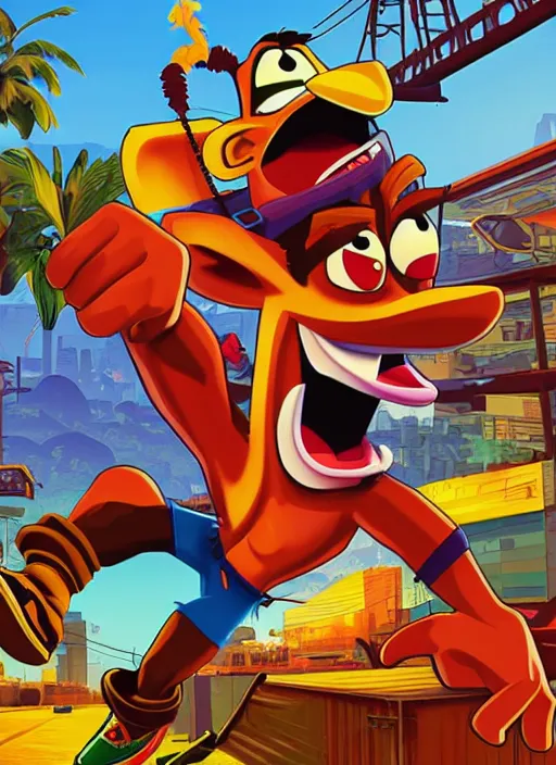 Prompt: Crash Bandicoot as a gangster in GTA V, Cover Art by Tristan Eaton, Boxart, Loading Screen. 8k Resolution