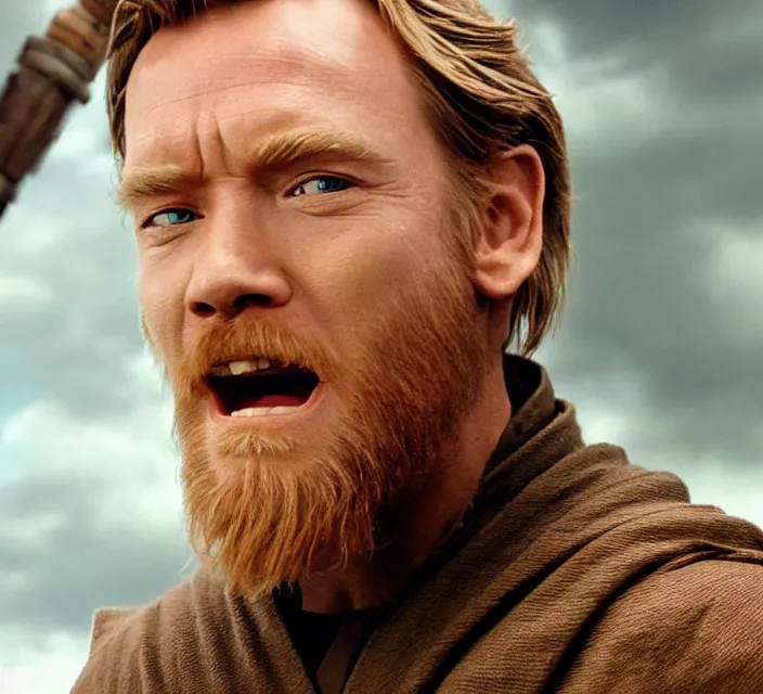 Image similar to still image of obi - wan kenobi making a funny face, ewan mcgregor, live - action, star wars movie, cinematic