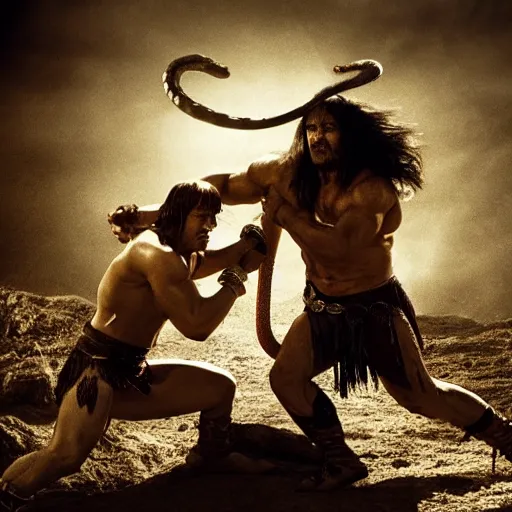 Prompt: conan the barbarian wrestling a snake, dramtic lighting, award winning photograph, cinematic still