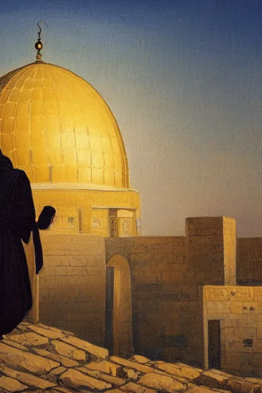 Image similar to a beautiful illustration of dome of the rock jerusalem and a silhouette of a muslim is praying in front of it, impasto paint in the style of martin johnson heade and h. r. giger