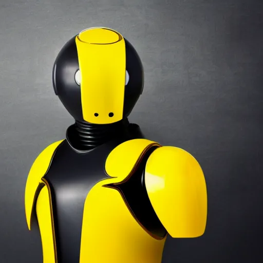 Image similar to a tall faceless security robot with dark grey and yellow armor holding a futuristic rifle