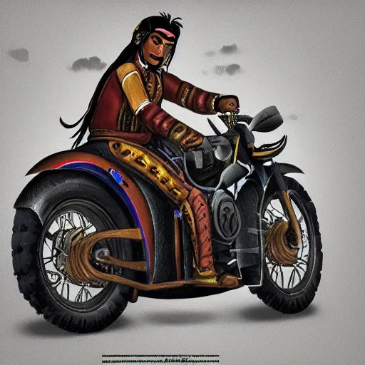 Prompt: Inca Atahualpa riding a motorcycle, detailed, highly detailed, digital paiting, artstation